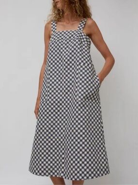 No 6 Store Rita Plaid Checkered Denim Twill Midi Boxy Dress Blue Cream Small S
